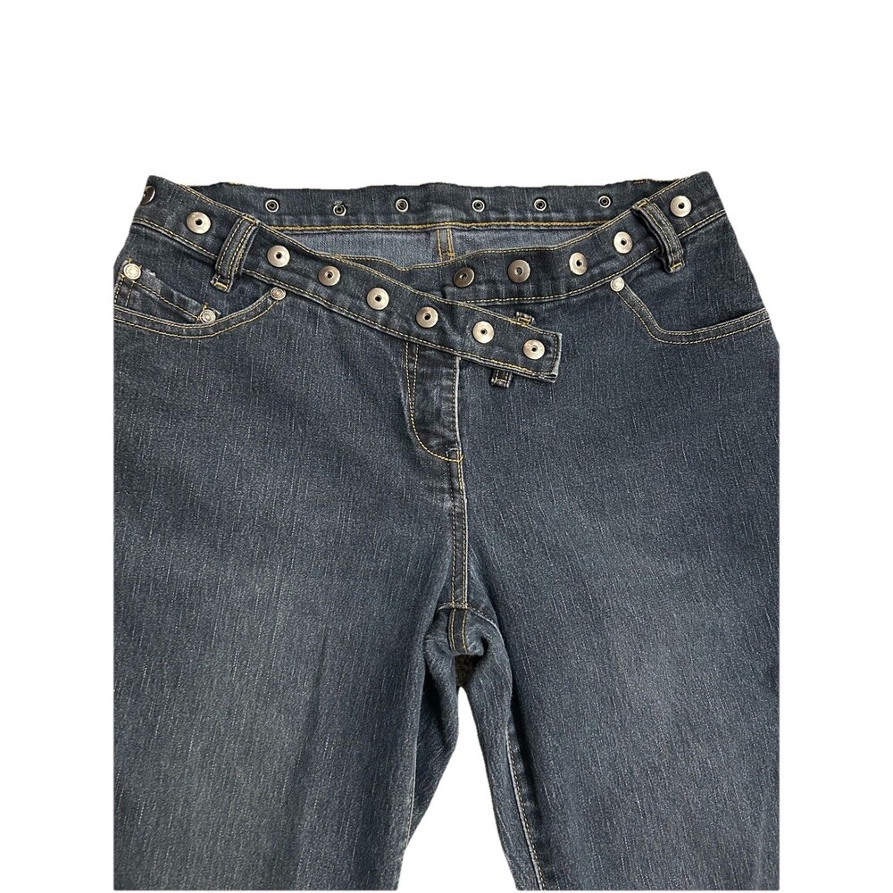 Women's Low Rise 90's Y2K Studded Crossover Waistband Flare Dark Jeans Sz 31 / 9 - Picture 1 of 10